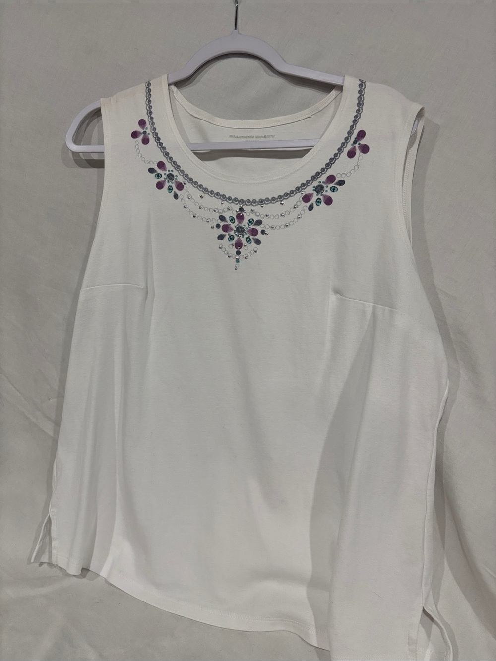 Allison Daley White Tank Top with Purple and Gray Embellished Neckline size 20W